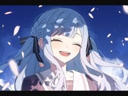 1girl :d ^_^ bang_dream! bang_dream!_it&#039;s_mygo!!!!! black_ribbon blue_background blue_hair braid chinese_commentary closed_eyes commentary_request facing_viewer hair_ribbon highres letterboxed long_hair open_mouth petals ribbon sailor_collar sakuraihum school_uniform sidelocks smile solo togawa_sakiko tree_shade tsukinomori_school_uniform upper_body white_sailor_collar