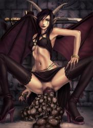 Rule 34 | 1girl, censored, demon, demon girl, demon wings, demon woman, high heels, horns, indoors, looking at viewer, mosaic censoring, nail polish, pointy ears, sadakage, solo, squatting, sword, thighhighs, weapon, what, wings