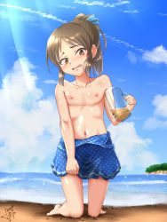 Rule 34 | 1girl, absurdres, alcohol, artist name, barefoot, beach, beer, blue one-piece swimsuit, blue ribbon, blue sky, blush, brown eyes, brown hair, clenched hand, clothes pull, cloud, collarbone, cup, dated, day, drink, embarrassed, female focus, flat chest, full body, hair ribbon, hand up, have to pee, head tilt, highres, holding, horizon, idolmaster, idolmaster cinderella girls, idolmaster cinderella girls starlight stage, junpiro, kneeling, looking at viewer, matching hair/eyes, mug, navel, nipples, nose blush, ocean, one-piece swimsuit, one-piece swimsuit pull, open mouth, outdoors, peeing, peeing self, ponytail, ribbon, ribs, sand, shiny skin, signature, sky, solo, sparkle, sunlight, swimsuit, tachibana arisu, tears, topless, water, wavy eyes, wavy mouth, wet, wet clothes