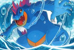 Rule 34 | claws, commentary, creature, creatures (company), english commentary, feet out of frame, feraligatr, game freak, gen 2 pokemon, nintendo, no humans, open mouth, pokemon, pokemon (creature), sei (seiryuuden), sharp teeth, solo, standing, teeth, water, waves, yellow eyes