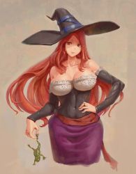 Rule 34 | 1girl, animal, bare shoulders, black corset, black headwear, black nails, black sleeves, breasts, brown eyes, cleavage, collarbone, corset, curvy, detached sleeves, dragon&#039;s crown, dress, fantasy, frog, hand on own hip, hat, holding, holding animal, jewelry, kazo (kazozakazo), lace, lace trim, large breasts, looking at viewer, nail polish, orange sash, parted bangs, purple skirt, red hair, ring, sash, skirt, smile, sorceress (dragon&#039;s crown), strapless, strapless dress, wide hips, witch hat
