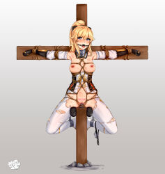 Rule 34 | 1girl, absurdres, bdsm, blonde hair, bondage, bound, cameo, censored, commentary request, crucifixion, gag, gagged, genshin impact, highres, jean (genshin impact), kantai collection, long hair, mosaic censoring, mutsu (kancolle), mutsu (kantai collection), mutsu (snail), purple eyes, restrained, ring gag, shibari, skiox, slave, solo, torn clothes, white sleeves
