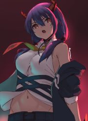 Rule 34 | 1girl, alternate breast size, arknights, belt, black jacket, blue hair, breasts, ch&#039;en (arknights), collared shirt, cowboy shot, dragon horns, hair between eyes, horns, jacket, looking at viewer, medium breasts, medium hair, midriff, navel, necktie, off shoulder, open mouth, red background, red eyes, shirt, simple background, skeptycally, sleeveless, sleeveless shirt, solo, twintails, twitter username, white shirt, wing collar, yellow necktie