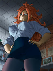 Rule 34 | 1girl, alternate costume, android 21, annoyed, blue eyes, breasts, dragon ball, dragon ball fighterz, female focus, formal, hands on own hips, highres, laboratory, large breasts, long hair, looking away, machine, nipples, red hair, solo