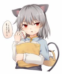 Rule 34 | 1girl, animal ears, bag, baozi, basket, blue capelet, blush, capelet, commentary, cropped torso, food, food on face, grey hair, grey vest, hair between eyes, hand up, holding, holding bag, holding basket, holding food, holding with tail, long sleeves, looking at viewer, miyo (ranthath), mouse (animal), mouse ears, nazrin, open mouth, paper bag, prehensile tail, red eyes, shirt, short hair, simple background, solo, speech bubble, tail, touhou, translated, upper body, vest, white background, white shirt