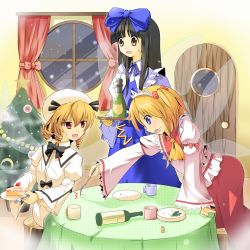 Rule 34 | 3girls, bent over, bottle, cake, christmas, christmas tree, fairy, female focus, food, indoors, kneeling, luna child, meso, multiple girls, perfect memento in strict sense, plant, sitting, standing, star sapphire, sunny milk, table, touhou, tree, wings