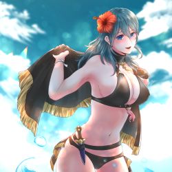 Rule 34 | 1girl, :d, armpits, bare shoulders, bikini, black bikini, black capelet, blue eyes, blue hair, blue sky, blush, breasts, byleth (female) (fire emblem), byleth (female) (summer) (fire emblem), byleth (fire emblem), cape, capelet, cleavage, cloud, commentary request, covered erect nipples, cowboy shot, dagger, day, fire emblem, fire emblem: three houses, fire emblem heroes, flower, hair between eyes, hair flower, hair ornament, highres, holding, holding cape, holding clothes, knife, large breasts, long hair, looking at viewer, midriff, navel, nintendo, official alternate costume, open mouth, ribbon, sheath, sheathed, sidelocks, signature, sky, smile, solo, standing, swimsuit, thigh gap, water drop, weapon, wrist ribbon, yori (a a yori)