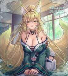 1girl ahoge animal_ear_fluff animal_ears blonde_hair blush breasts cleavage collarbone commission commissioner_name fox_ears fox_girl fox_tail green_kimono hair_between_eyes highres indoors japanese_clothes kimono large_breasts long_hair looking_at_viewer mirukurim multiple_tails off_shoulder open_mouth original ponytail signature skeb_commission solo suirin_(tukikagerou) tail teeth thank_you thighhighs thighs twitter_username upper_teeth_only white_thighhighs yellow_eyes