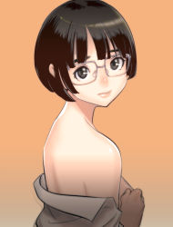 Rule 34 | 1girl, bare shoulders, black eyes, black hair, blunt bangs, bob cut, breasts, closed mouth, covering privates, covering breasts, dytm, from side, glasses, grey-framed glasses, grey shirt, highres, lips, looking at viewer, looking to the side, medium breasts, no bra, off shoulder, orange background, original, shiny skin, shirt, short hair, sideboob, simple background, smile, solo, upper body