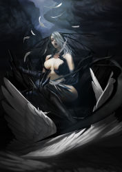 Rule 34 | 1girl, breasts, cloud, dark clouds, feathers, head wings, large breasts, multicolored hair, open mouth, red eyes, solo, ushi hachi, wings