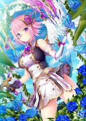 Rule 34 | 1girl, angel wings, asymmetrical gloves, black gloves, blouse, blue butterfly, blue flower, blue sky, breasts, bug, butterfly, cane, cowboy shot, day, elbow gloves, feathered wings, flower, glasses, gloves, hair ornament, halo, holding, holding cane, insect, looking at viewer, matatabi maru, medium breasts, miniskirt, mismatched gloves, monocole, original, pince-nez, pink hair, purple eyes, shirt, short hair, skirt, sky, sleeveless, sleeveless shirt, solo, standing, white gloves, white skirt, white wings, wings