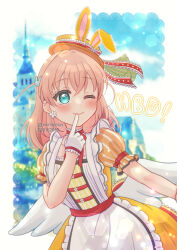 Rule 34 | 1girl, ;), apron, aqua eyes, blurry, blurry background, blush, border, closed mouth, commentary request, crossed bangs, dress, finger to mouth, frilled apron, frills, gloves, hair ornament, happy birthday, hat, highres, hinoshita kaho, lace background, light brown hair, link! like! love live!, looking at viewer, love live!, low wings, medium hair, nagatsuki chihoru, one eye closed, outside border, outstretched arm, pixiv id, pixiv logo, puffy short sleeves, puffy sleeves, rabbit hair ornament, short sleeves, smile, solo, twitter username, twitter x logo, two side up, upper body, virtual youtuber, white apron, white border, white gloves, wings, yellow dress, yellow hat