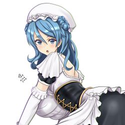 Rule 34 | 1girl, alternate costume, apron, artist name, blue eyes, blue hair, blush, breasts, dated, double bun, elbow gloves, enmaided, gloves, hair between eyes, hair bun, kantai collection, large breasts, long hair, looking at viewer, maid, maid apron, open mouth, puffy short sleeves, puffy sleeves, short sleeves, signature, simple background, solo, tk8d32, urakaze (kancolle), waist apron, white apron, white background, white gloves