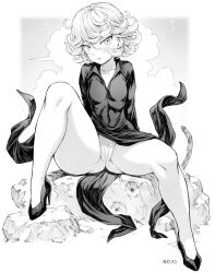 Rule 34 | 1girl, 2023, ass, black dress, blush, breasts, cleft of venus, cloud, cloudy sky, curly hair, dress, gluteal fold, high heels, highres, leg lift, leg up, looking at viewer, micro panties, mogudan, monochrome, one-punch man, panties, partially visible vulva, pelvic curtain, rock, short hair, sitting, sky, small breasts, solo, spread legs, tatsumaki, thick thighs, thighs, thong, underwear, white panties, wide hips