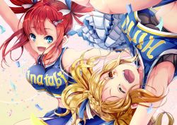 Rule 34 | 2girls, :d, ;d, arm up, armpits, bare shoulders, blonde hair, blue eyes, bouncing breasts, braid, breasts, cheerleader, clothes writing, confetti, crop top, hair ornament, hairclip, hinabita, hopper, izumi ibuki, long hair, looking at another, multiple girls, one eye closed, open mouth, pom pom (cheerleading), red hair, shinonome natsuhi, skirt, smile, sports bra, twintails, upside-down, yellow eyes