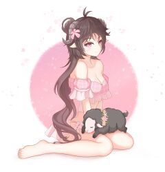 Rule 34 | 1girl, ahoge, arknights, bare legs, bare shoulders, barefoot, bikini, blush, breasts, brown hair, chinese commentary, cleavage, closed mouth, commentary request, eyjafjalla (arknights), eyjafjalla (summer flower) (arknights), falling petals, feet, floppy ears, flower, frilled bikini, frills, hair flower, hair ornament, highres, horns, legs, long hair, medium breasts, off-shoulder bikini, off shoulder, paid reward available, parted bangs, petals, pink background, pink bikini, pink eyes, see-through, sheep, sheep girl, sheep horns, sidelocks, silver bullet (yhq811), sitting, solo, swimsuit, thigh strap, toenails, toes, two-tone background, very long hair, wariza, white background