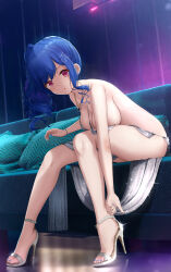 Rule 34 | 1girl, :o, adjusting footwear, azur lane, bare shoulders, blue hair, blue nails, bracelet, breasts, couch, cushion, dress, full body, hair ornament, high heels, highres, jewelry, joko jmc, large breasts, leaning forward, looking at viewer, mixed-language commentary, nail polish, necklace, official alternate costume, parted lips, red eyes, revealing clothes, shiny clothes, side ponytail, sideboob, silver dress, sitting, solo, spaghetti strap, sparkle, st. louis (azur lane), st. louis (luxurious wheels) (azur lane), thighs, toenail polish, toenails, wavy hair