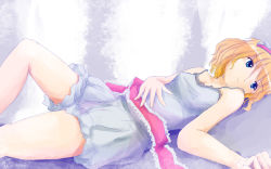Rule 34 | 1girl, alice margatroid, bare arms, blonde hair, bloomers, blue eyes, expressionless, facing away, gradient background, hairband, hand on own stomach, knee up, kona (cetona), legs, lolita hairband, lying, on back, sash, short hair, solo, touhou, underwear