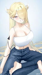 Rule 34 | 1girl, bare arms, bare shoulders, barefoot, blonde hair, blue eyes, breasts, camisole, character request, cleavage, commentary, copyright request, crop top, denim, grin, hair over one eye, haruri, highres, horns, jeans, large breasts, long hair, looking at viewer, midriff, mole, pants, pointy ears, sitting, smile, solo, spaghetti strap, very long hair