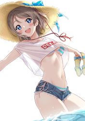 Rule 34 | 1girl, :d, bikini, bikini under clothes, blue eyes, blush, bow, breasts, brown hair, contrapposto, cowboy shot, crop top, cutoffs, denim, denim shorts, dutch angle, hat, hat bow, highres, holding, holding shoes, love live!, love live! sunshine!!, medium breasts, navel, off-shoulder shirt, off shoulder, open mouth, sankuro (agoitei), shirt, shoes, short hair, short shorts, shorts, side-tie bikini bottom, simple background, smile, solo, straw hat, striped bikini, striped clothes, sun hat, sweat, swimsuit, swimsuit under clothes, teeth, underboob, upper teeth only, wading, watanabe you, water, white background