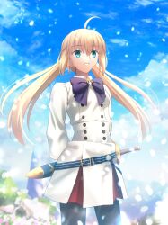 Rule 34 | 1girl, absurdres, ahoge, aqua eyes, arms behind back, artoria caster (fate), artoria caster (second ascension) (fate), artoria pendragon (fate), belt, belt buckle, black pantyhose, blonde hair, blue belt, blue bow, blue sky, bow, bowtie, buckle, buttons, cloud, commentary, day, dress, fate/grand order, fate (series), grin, hair between eyes, highres, long hair, long sleeves, looking away, outdoors, pantyhose, petals, revision, sheath, sheathed, shoori (migiha), short sword, sky, smile, solo, sword, takeuchi takashi (style), twintails, weapon, white dress