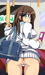 Rule 34 | 1girl, anus, ass, blue eyes, bottomless, brown hair, cellphone, censored, comord, flip phone, looking back, mosaic censoring, no panties, original, phone, pussy, solo, train, train interior