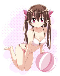 Rule 34 | 1girl, alternate costume, ball, bare legs, bare shoulders, beachball, bikini, blush, bow, breasts, cleavage, collarbone, female focus, hair bow, highres, himekaidou hatate, long hair, looking at viewer, maturiuta sorato, navel, pointy ears, purple eyes, simple background, skindentation, small breasts, smile, solo, strap gap, swimsuit, touhou, twintails, white bikini