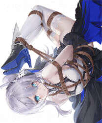 Rule 34 | 1girl, absurdres, arms behind back, ass, bare shoulders, bdsm, blue eyes, bondage, bound, bound ankles, bound arms, bound legs, bound thighs, dress, grey hair, hair between eyes, hair ornament, highres, hogtie, honkai (series), honkai impact 3rd, lin jingling, long hair, looking at viewer, navel, restrained, rope, shibari, shibari over clothes, solo, theresa apocalypse, thighhighs, white background, white hair