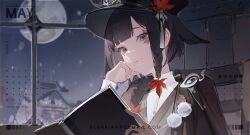 Rule 34 | 1girl, black hair, black hat, blurry, blurry background, book, braid, building, closed mouth, collared shirt, commission, dlgeria, facial mark, full moon, grey eyes, hat, highres, holding, holding book, indoors, jacket, leaf, long sleeves, looking at viewer, maple leaf, moon, night, open book, original, pom pom (clothes), shirt, short hair, smile, solo, upper body, watermark, web address, white shirt, window