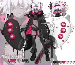 Rule 34 | 1other, androgynous, animal ears, belt, black footwear, black jacket, blood, bloody weapon, blush stickers, boots, chainsaw, chariko, crop top, dark skin, fur-trimmed jacket, fur trim, groin, heart, heart-shaped eyes, holding, holding knife, jacket, knife, midriff, navel, o-ring, original, pink eyes, short shorts, shorts, smile, solo, thighhighs, torn clothes, torn thighhighs, weapon, white hair, zoom layer