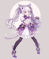 Rule 34 | 1girl, animal ears, breasts, brown background, brown eyes, cat ears, cat girl, cat tail, center frills, clenched teeth, commission, frilled shirt, frilled skirt, frills, full body, gloves, grey background, grey hair, heterochromia, high heels, highres, holding, long hair, looking at viewer, medium breasts, moffle (ayabi), multicolored hair, multiple tails, original, pantyhose, puffy short sleeves, puffy sleeves, purple eyes, purple hair, shirt, shoes, short sleeves, skirt, solo, standing, streaked hair, tail, teeth, twintails, two-tone background, two tails, v-shaped eyebrows, very long hair, white footwear, white gloves, white shirt, white skirt