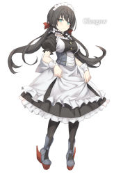 Rule 34 | 1girl, apron, azur lane, black dress, black hair, black legwear, blue eyes, blush, breasts, character name, closed mouth, clothes lift, commentary request, dress, dress lift, floating hair, frilled apron, frills, full body, glasgow (azur lane), hair between eyes, highres, large breasts, long hair, looking at viewer, maid, maid apron, maid headdress, puffy short sleeves, puffy sleeves, rudder footwear, short sleeves, solo, standing, twintails, very long hair, waist apron, white apron, whoosaku, wrist cuffs