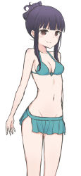 Rule 34 | 1girl, absurdres, bad id, bad pixiv id, bare arms, bare shoulders, bikini, bikini skirt, black hair, blue bikini, breasts, brown eyes, cleavage, closed mouth, collarbone, copyright request, coraman, folded ponytail, groin, highres, long hair, navel, sidelocks, simple background, sketch, small breasts, smile, solo, swimsuit, white background