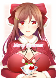 Rule 34 | 10s, 1girl, ahoge, alternate costume, breasts, brown hair, capelet, christmas, cleavage, cleavage cutout, clothing cutout, colored eyelashes, english text, female focus, food, hair ornament, hair ribbon, hairclip, ice cream, kantai collection, large breasts, looking at viewer, mamiya (kancolle), merry christmas, open mouth, red eyes, ribbon, rui shi (rayze ray), santa costume, smile, solo, upper body