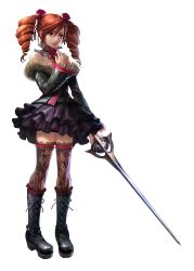 Rule 34 | 1girl, amy sorel, bare shoulders, bloomers, boots, choker, cross-laced footwear, dress, drill hair, fishnet thighhighs, fishnets, flower, fur trim, gothic lolita, highres, kawano takuji, lace, lolita fashion, official art, patterned legwear, rapier, red bloomers, red hair, rose, skirt, solo, soul calibur, soulcalibur, soulcalibur iv, sword, thighhighs, twintails, weapon, white background