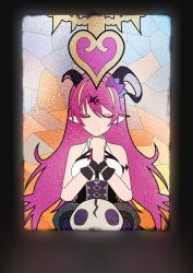 Rule 34 | 1girl, asymmetrical horns, closed eyes, demon horns, hair ribbon, hololive, horns, long hair, mano aloe, own hands clasped, own hands together, pink hair, ribbon, solo, stained glass, uneven horns, very long hair, virtual youtuber