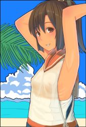 Rule 34 | 10s, 1girl, armpits, arms up, bare shoulders, blouse, blush, brown eyes, brown hair, clothes pull, cloud, day, highres, i-401 (kancolle), kantai collection, leaf, looking at viewer, one-piece swimsuit, one-piece swimsuit pull, personification, ponytail, sailor collar, school swimsuit, school uniform, see-through, shirt, short hair, short ponytail, sky, sleeveless, sleeveless shirt, smile, solo, swimsuit, swimsuit under clothes, taji (crowview), water, white shirt