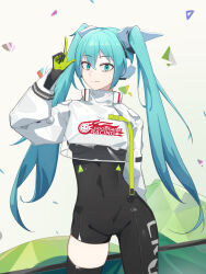 Rule 34 | 1girl, aqua eyes, aqua hair, arm up, asymmetrical bodysuit, black bodysuit, black thighhighs, bodysuit, bodysuit under clothes, closed mouth, clothes writing, commentary, company name, contrapposto, covered navel, cowboy shot, cropped jacket, e hun touzi, goodsmile racing, groin, hair between eyes, hatsune miku, high collar, highres, index finger raised, jacket, long hair, looking at viewer, official alternate costume, racing miku, racing miku (2022), single thighhigh, skin tight, smile, solo, split mouth, standing, thighhighs, twintails, vocaloid, white background, white jacket
