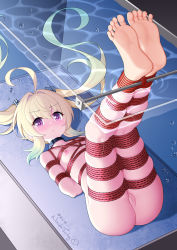 Rule 34 | 1girl, albacore (warship girls r), arms behind back, asphyxiation, bare shoulders, barefoot, bdsm, blonde hair, bondage, bound, bound arms, bound wrists, breast bondage, cleft of venus, crotch rope, drowning, feet, foreshortening, huoji (wonderturkey), long hair, looking at viewer, nipples, purple eyes, pussy, red rope, restrained, rope, shibari, suspension, twintails, underwater, warship girls r, water