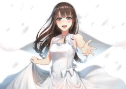 Rule 34 | 1girl, :d, absurdres, blunt bangs, blush, bow, breasts, brown eyes, brown hair, dress, floating hair, frilled dress, frills, highres, katou megumi, long dress, long hair, looking at viewer, medium breasts, open mouth, outstretched arm, ravenpulse, reaching, reaching towards viewer, saenai heroine no sodatekata, simple background, skirt hold, sleeveless, sleeveless dress, smile, solo, standing, very long hair, white background, white bow, white dress
