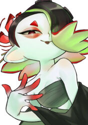 Rule 34 | 1girl, absurdres, bare shoulders, black hair, black lips, breasts, chest sarashi, chicken31, cleavage, closed mouth, collarbone, colored skin, eyeshadow, flower, hair flower, hair ornament, highres, lipstick, makeup, medium hair, multicolored hair, multicolored skin, nintendo, octoling, official alternate costume, poncho, red eyes, red eyeshadow, red flower, red hair, red skin, sarashi, shiver (splatoon), short eyebrows, simple background, small breasts, smile, solo, spider lily, splatoon (series), splatoon 3, suction cups, tentacle hair, two-tone hair, two-tone skin, white background, white skin