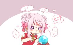 Rule 34 | 0725akaba, 1girl, blush, bow, braid, chibi, china dress, chinese clothes, closed mouth, crying, crying with eyes open, crystal ball, double bun, dress, hair bow, hair bun, highres, himehina channel, multicolored hair, pink bow, pink hair, puffy short sleeves, puffy sleeves, purple background, red dress, red hair, short sleeves, sidelocks, solo, streaked hair, tanaka hime, tears, translation request, two-tone background, upper body, virtual youtuber, wavy eyes, white background