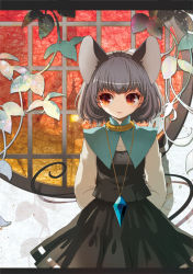 Rule 34 | 1girl, animal ears, arms behind back, bad id, bad pixiv id, capelet, grey hair, jewelry, long sleeves, mikikoto hitsuji, mouse ears, mouse tail, nazrin, pendant, plant, red eyes, short hair, skirt, solo, tail, touhou, vines, window