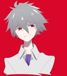 Rule 34 | 1boy, closed mouth, collared shirt, cropped torso, grey hair, hair between eyes, male focus, mzh, nagisa kaworu, neon genesis evangelion, red background, red eyes, shirt, simple background, smirk, solo, spiked hair, upper body, white shirt