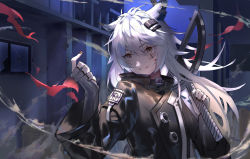 Rule 34 | 1girl, animal ears, arknights, black jacket, black nails, broken glass, broken wall, broken window, brown eyes, building, commentary request, fingerless gloves, fingernails, glass, gloves, grey gloves, grin, hair between eyes, hair ornament, hairclip, hand up, holding, holding sword, holding weapon, hua ye, jacket, lappland (arknights), long hair, long sleeves, looking away, nail polish, outdoors, over shoulder, railing, scar, scar across eye, scar on face, smile, smoke, solo, sword, upper body, v-shaped eyebrows, weapon, weapon over shoulder, white hair, wide sleeves