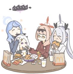 Rule 34 | 4girls, ako (blue archive), alternate costume, blue archive, burger, chicken nuggets, chinatsu (blue archive), condiment packet, cup, dark-skinned female, dark skin, demon girl, demon horns, disposable cup, eating, enobun3gyo, fast food, feeding, food, french fries, glasses, halo, happy, highres, hina (blue archive), holding, holding food, horns, iori (blue archive), mcdonald&#039;s, multiple girls, pointy ears, prefect team (blue archive), sauce, smile, sweatdrop, yoru mac