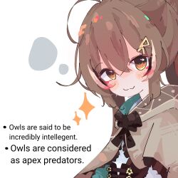 Rule 34 | 1girl, :3, ahoge, black ribbon, blush stickers, brown capelet, brown eyes, brown hair, capelet, closed mouth, commentary, crossed bangs, english commentary, english text, hair between eyes, hair ornament, hairclip, highres, hololive, hololive english, koyoinacho, long hair, looking at viewer, multicolored hair, nanashi mumei, nanashi mumei (1st costume), neck ribbon, ribbon, runes, sidelocks, simple background, smile, solo, streaked hair, upper body, virtual youtuber, white background