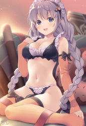 Rule 34 | 1girl, :d, bare shoulders, bikini, black bow, black bra, black panties, blush, bow, bra, braid, breasts, cleavage, collarbone, commentary request, dated, grey hair, hair between eyes, hair ornament, hand up, highres, kizuna akari, long hair, looking at viewer, maid, maid bikini, maid headdress, medium breasts, navel, no shoes, open mouth, orange thighhighs, outdoors, panties, purple eyes, ribbed legwear, signature, sitting, smile, solo, swimsuit, teeth, thighhighs, twin braids, unconventional maid, underwear, underwear only, upper teeth only, v-shaped eyebrows, very long hair, voiceroid, wariza, yoshino ryou