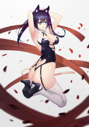 Rule 34 | 1girl, absurdres, animal ears, armpits, arms behind head, ass, ass cutout, blue eyes, breasts, cat ears, cat girl, cat tail, cleavage, clothing cutout, detached collar, female focus, garter belt, garter straps, gradient background, heart, heart cutout, high heels, highres, large breasts, long hair, original, parted lips, petals, purple hair, rekaerb maerd, revealing clothes, shoe soles, skindentation, solo, tail, thighhighs, twintails, white thighhighs