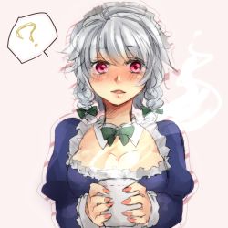Rule 34 | 1girl, ?, adapted costume, bad id, bad pixiv id, braid, breasts, cleavage, cup, embodiment of scarlet devil, female focus, hair ribbon, highres, holding, izayoi sakuya, maid, maid headdress, medium breasts, mug, open mouth, red eyes, ribbon, short hair, silver hair, sketch, sofy, solo, touhou, twin braids, upper body